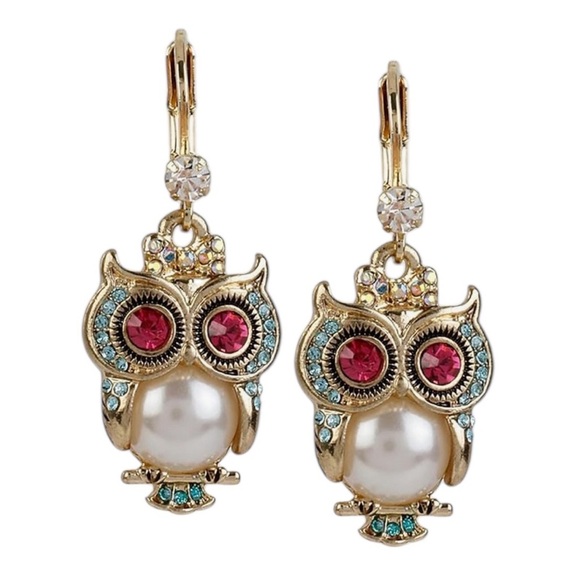 Betsey Johnson Pearl Critters Owl Drop Earrings